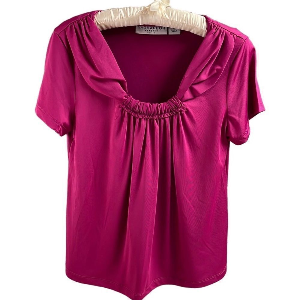 Sag Harbor Stretch Ladies Blouse Top Petite Small Ruffled Neckline Dark Fuchsia